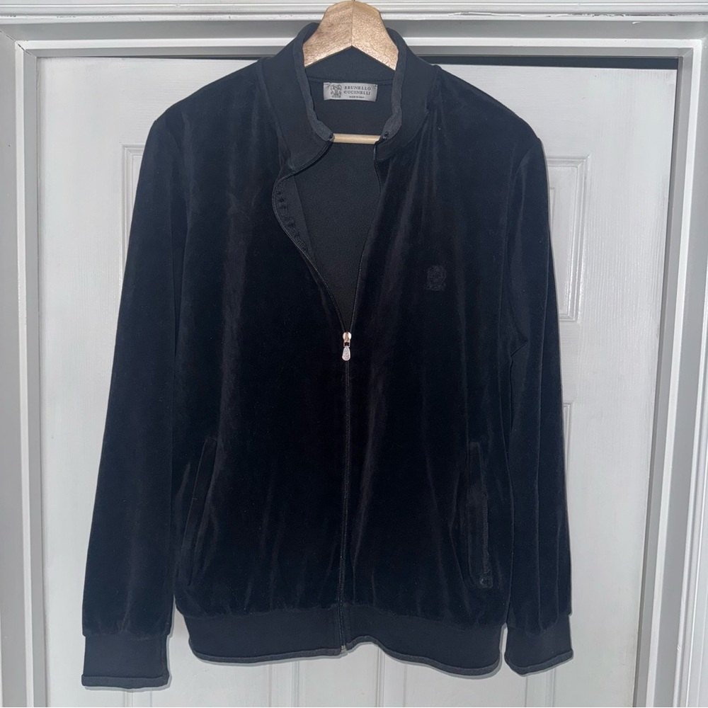 Brunello Cucinelli Velvet Zip Up Track Jacket Large Black Made in Italy L Velour